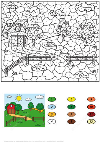 Rural Landscape with Barn Fruit Trees and Fields Color by Number Coloring page