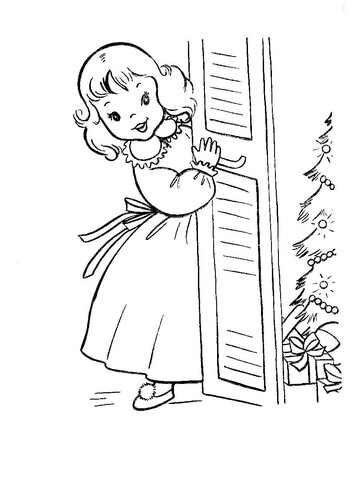 Little girl is looking out for Christmas presents Coloring page
