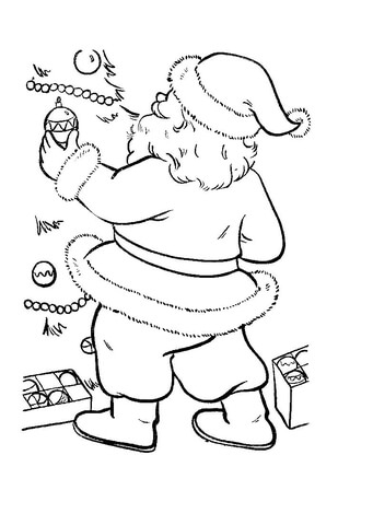 Santa is decorating Christmas tree Coloring page