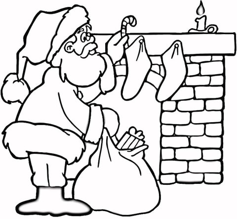 Santa Near Fireplace Coloring page