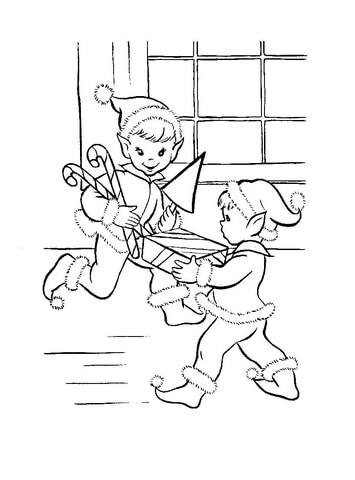 Elves with Christmas presents Coloring page