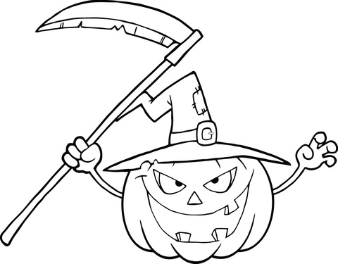 Scary Halloween Pumpkin with a Witch Hat and Scythe Coloring page