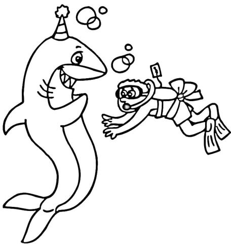 Scuba Diver and a happy shark Coloring page
