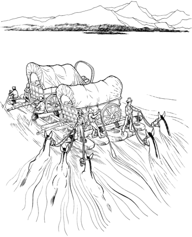 Settlers Navigate a River on a Raft with Covered Wagons Coloring page