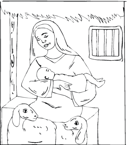 Sheep near Jesus nursery Coloring page