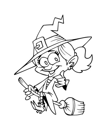 Smiling Witch on a Broom Coloring page