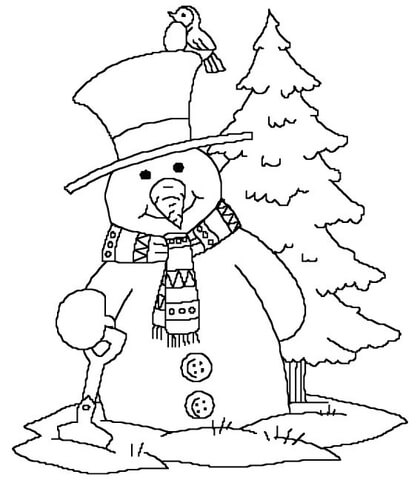 Snowman Near Christmas Tree Coloring page