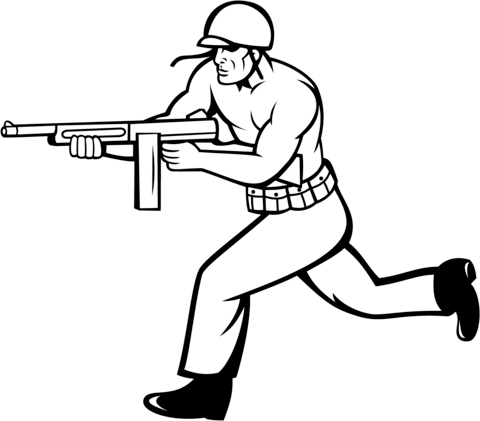 Soldier Running with Tommy Gun Coloring page