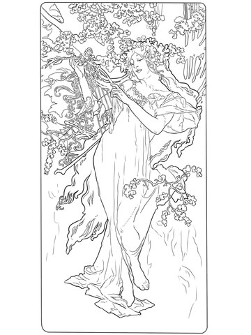Spring by Alphonse Mucha Coloring page