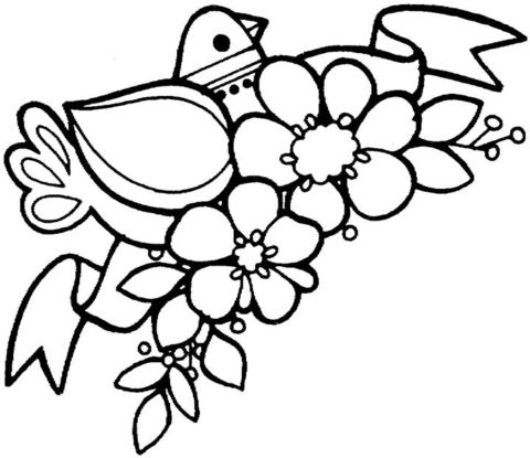 It is a spring season! This is a flowering branch and a bird sitting on it.  Coloring page