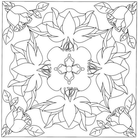 Square Mandala with Roses and Lilies Coloring page