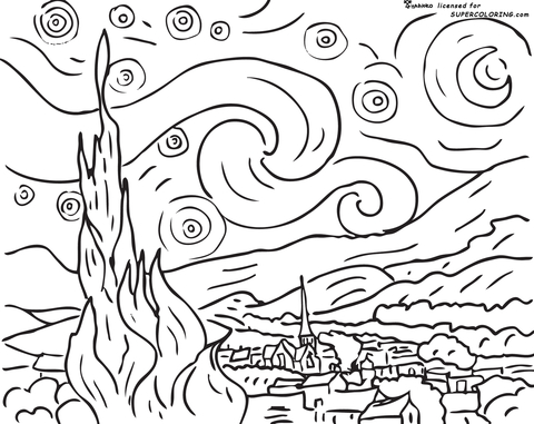 Starry Night By Vincent Van Gogh Coloring page