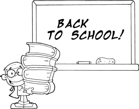 Student with Books in Front of School Chalk Board with Text Back to School Coloring page
