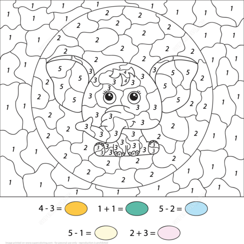 Subtration and Addition a Cute Cartoon Elephant Color by Number Coloring page
