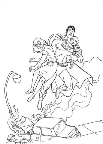 Superman is saving a woman and a child  Coloring page