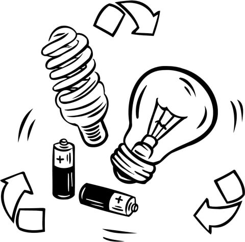 Battery and bulb recycling Coloring page