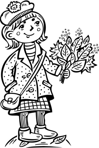 Teenage Girl Holding a Bouquet of Leafs Coloring page