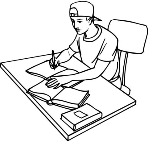 Teenager Student Studying with Books Coloring page