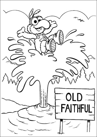 Baby Gonzo at Old Faithful geyser in Yellowstone Coloring page