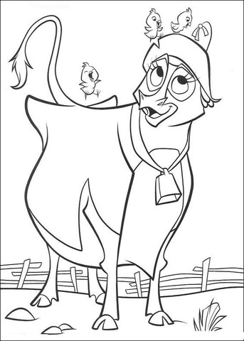 The Cow Plays with little chickens Coloring page