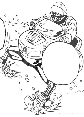 Action man is riding a snowmobile Coloring page