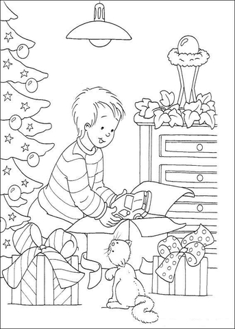 A boy is unpacking Christmas Gifts  Coloring page