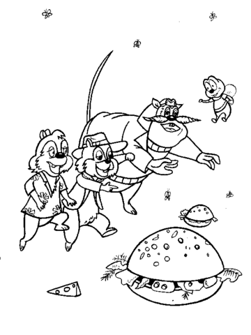 Chip, Dale, Monty and Zipper found a hamburger  Coloring page