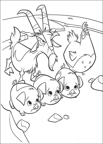 Three pigs, angry goat and cock  Coloring page