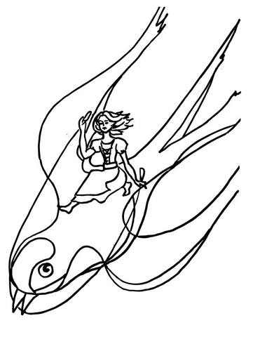 Thumbelina and a Swallow  Coloring page