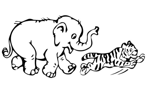 Tiger Cub Plays with Baby Elephant Coloring page