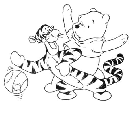 Tigger and Pooh playing the ball Coloring page