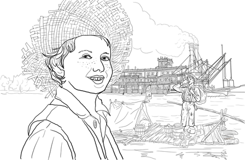 Tom Sawyer and Huckleberry Finn on a Raft Coloring page