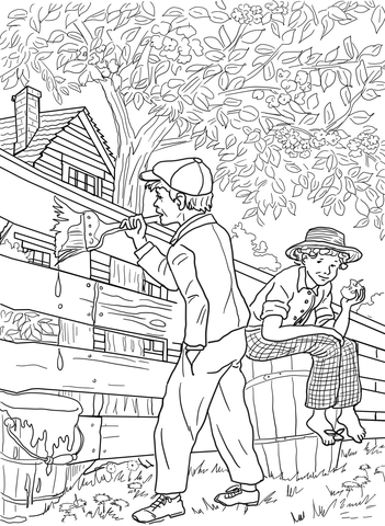 Tom Sawyer and Whitewashing the Fence Coloring page