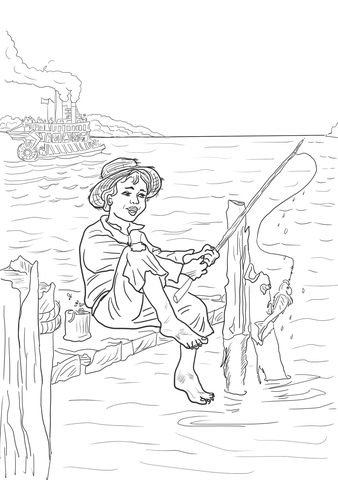 Tom Sawyer is Fishing in the Mississippi Coloring page