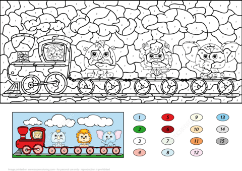 Train with Lion, Elephant and Rhino Color by Number Coloring page