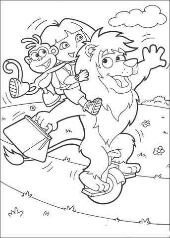 Dora and Boots are travelling With Circus Lion  Coloring page