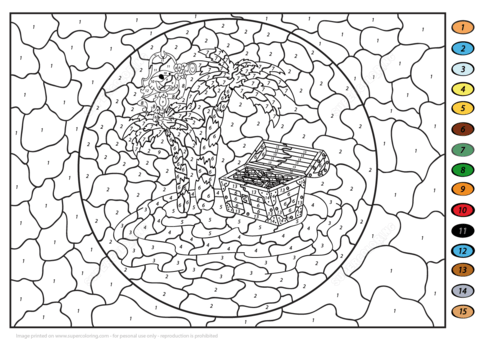 Treasure Chest on an Island Color by Number Coloring page