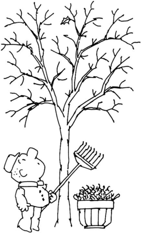 A man is raking leaves. He noticed the last leaf on the tree. Coloring page