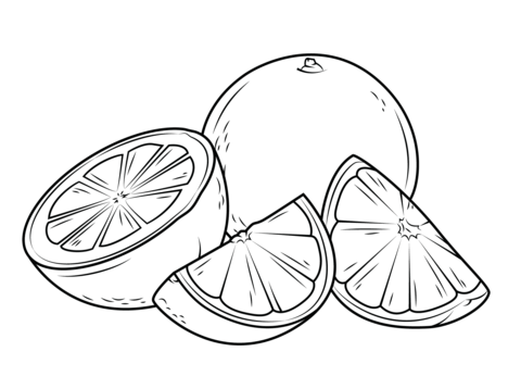 Two oranges, one whole and the other cut it pieces Coloring page