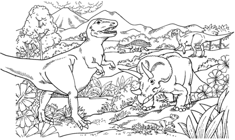 Tyrannosaurus Rex, Ankylosaurus, Leptoceratops, Edmontosaurus and Triceratops Coloring page