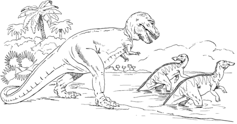 Tyrannosaurus chasing Trachodons Coloring page