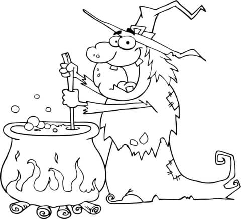 Ugly Halloween Witch Preparing a Potion Coloring page