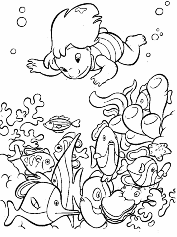 Lilo is under water, looking at fish and corals Coloring page