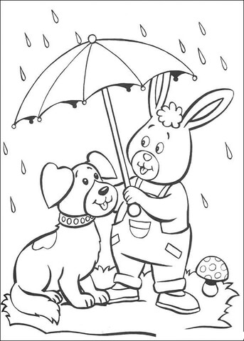A rabbit and a dog are under the Umbrella. It's raining.   Coloring page