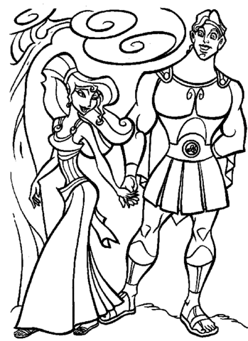 Hercules and Megara are walking together Coloring page