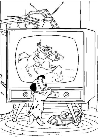 Puppie is watching TV Coloring page