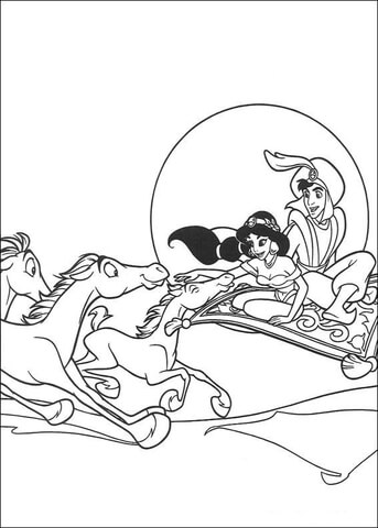 Horses run after Aladdin and Jasmine Coloring page