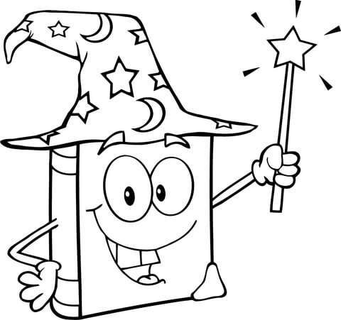 Wizard Book Holding a Magic Wand Coloring page