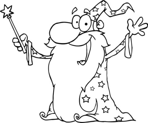 Wizard Waving Wearing a Cape and Holding a Magic Wand Coloring page