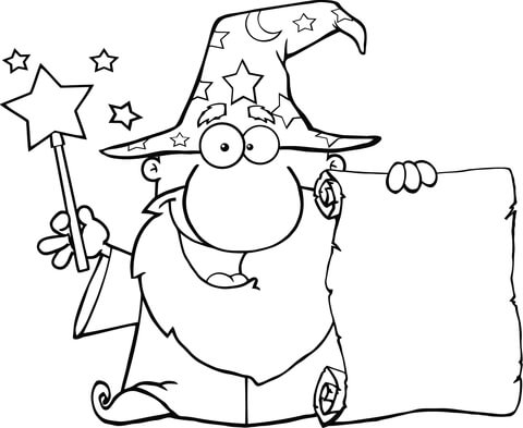 Wizard Waving with Magic Wand and Holding up a Scroll Coloring page